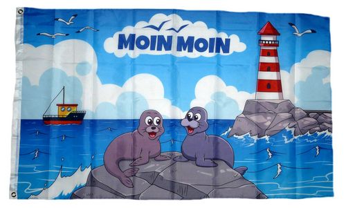 Mein Norden Leuchtturm Seehund Möwen Ocean Line Fahne Flagge 150 x 90 cm
